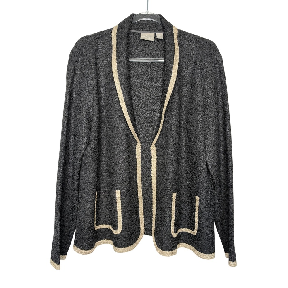 Chicos Travelers Cardigan 2 Large Black Beige Crinkle Open Front Pockets Office